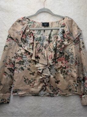 VICI Floral Ruffle V-Neck Blouse Size Small Pink Beige Long Sleeve Sheer Boho